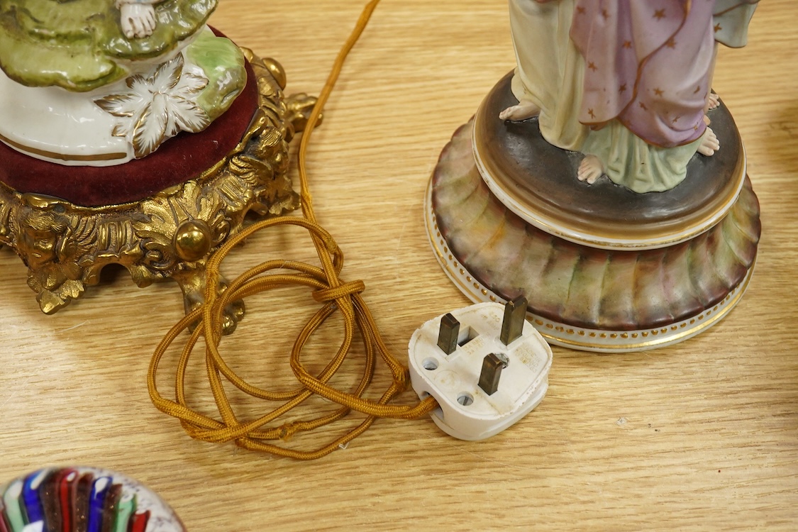 A Continental Three Graces table lamp and another table lamp mounted with a seated figure, largest 44cm high including the fitting